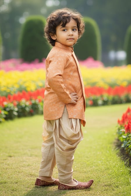 Shop Maaikid Orange Brocade, Cotton, Silk Embroidery Overlap Sherwani With Dhoti Pant Shop_Maaikid_Orange Brocade, Cotton, Silk Embroidery Overlap Sherwani With Dhoti Pant