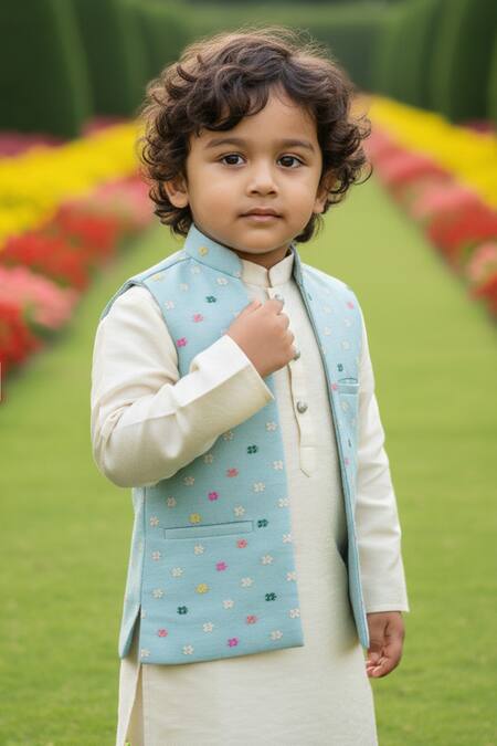 Maaikid_Sky Blue Brocade, Silk Embroidery Floral Pattern Bundi Kurta Set _Online_at_Aza_Fashions