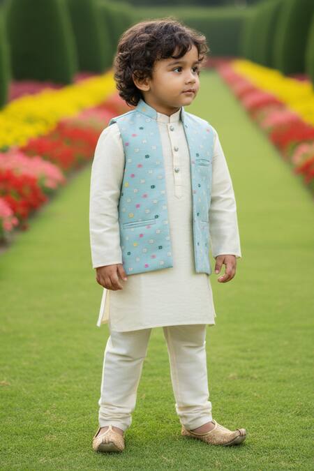 Buy_Maaikid_Sky Blue Brocade, Silk Embroidery Floral Pattern Bundi Kurta Set _Online_at_Aza_Fashions