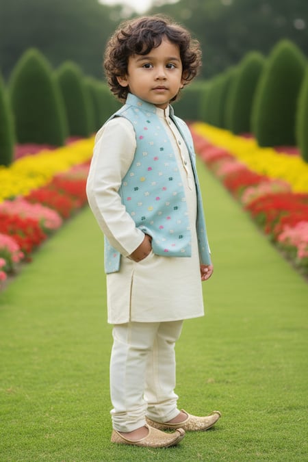 Shop_Maaikid_Sky Blue Brocade, Silk Embroidery Floral Pattern Bundi Kurta Set _Online_at_Aza_Fashions