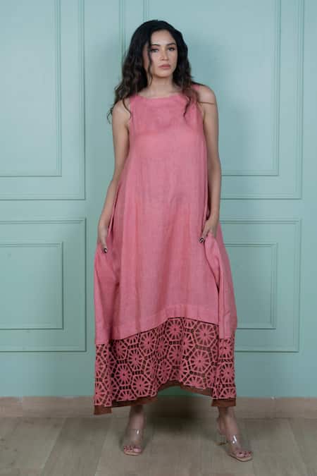 Gothilo Pink Linen Lace Round Neck Gulabi Long Dress Online at Aza Fashions Gothilo_Pink Linen Lace Round Neck Gulabi Long Dress _Online_at_Aza_Fashions