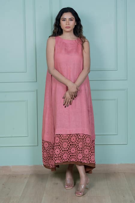 Shop Gothilo Pink Linen Lace Round Neck Gulabi Long Dress Online at Aza Fashions Shop_Gothilo_Pink Linen Lace Round Neck Gulabi Long Dress _Online_at_Aza_Fashions