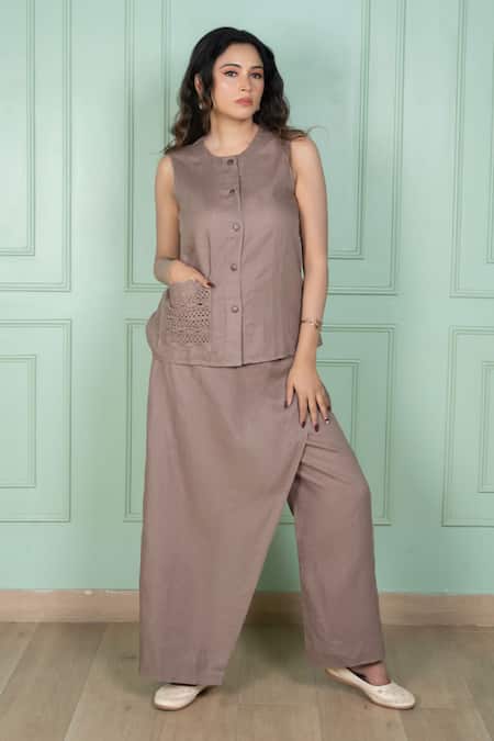 Gothilo Mocha Mousse Linen Flap Top & Pant Set 
