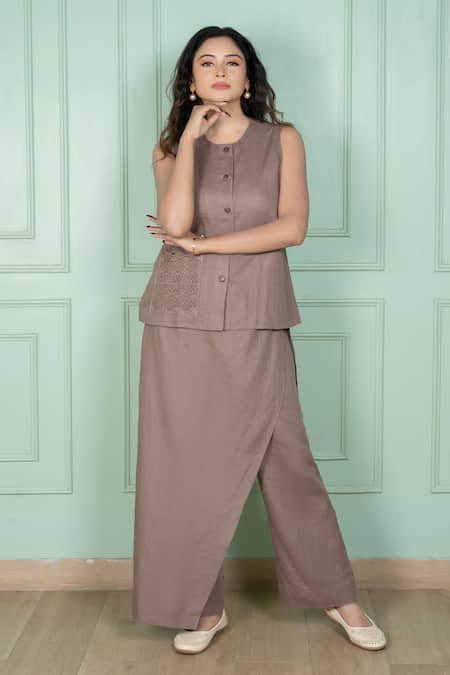 Gothilo Mocha Mousse Linen Flap Top & Pant Set 