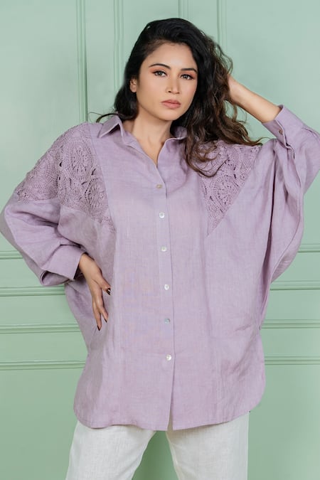 Gothilo Purple Linen Lace Collared, V-neck Orchid Oversize Shirt And Pant Set Online at Aza Fashions Gothilo_Purple Linen Lace Collared, V-neck Orchid Oversize Shirt And Pant Set _Online_at_Aza_Fashions