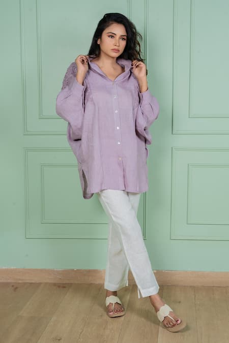 Gothilo Purple Linen Lace Collared, V-neck Orchid Oversize Shirt And Pant Set at Aza Fashions Gothilo_Purple Linen Lace Collared, V-neck Orchid Oversize Shirt And Pant Set _at_Aza_Fashions