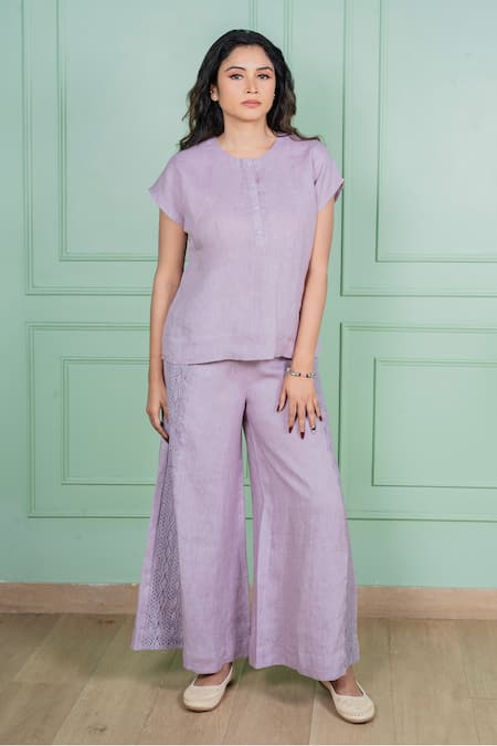 Gothilo Purple Linen Lace Round , Button-down Orchid Top And Pant Set Online at Aza Fashions Gothilo_Purple Linen Lace Round , Button-down Orchid Top And Pant Set _Online_at_Aza_Fashions
