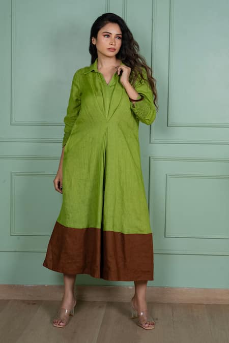 Buy Gothilo Green Linen Lace Collared, V-neck Leaf Dress Online at Aza Fashions Buy_Gothilo_Green Linen Lace Collared, V-neck Leaf Dress _Online_at_Aza_Fashions