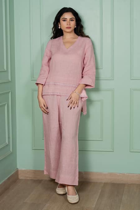 Buy Gothilo Pink Linen Lace V-neck Flamingo Top And Pant Set Online at Aza Fashions Buy_Gothilo_Pink Linen Lace V-neck Flamingo Top And Pant Set _Online_at_Aza_Fashions