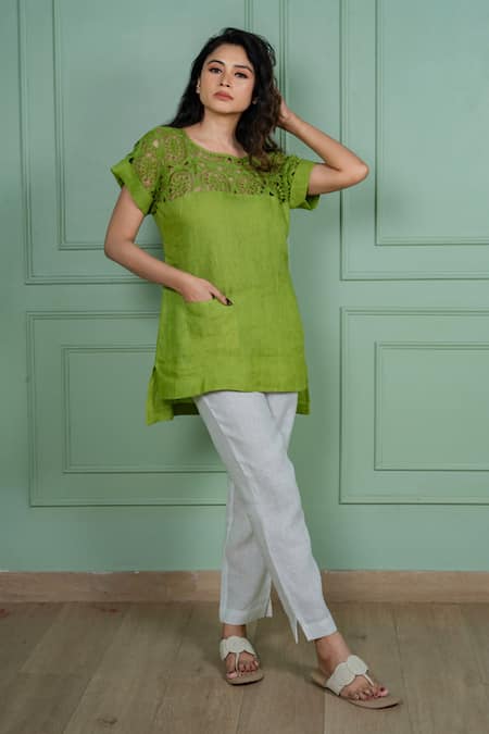 Gothilo Leaf Green Linen Top & Pant Set 