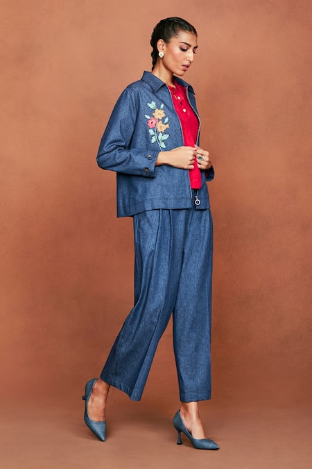Shop_Sue Mue_Blue Denim Embroidery, Beads Collared Ori Floral Shirt And Pant Set _Online_at_Aza_Fashions