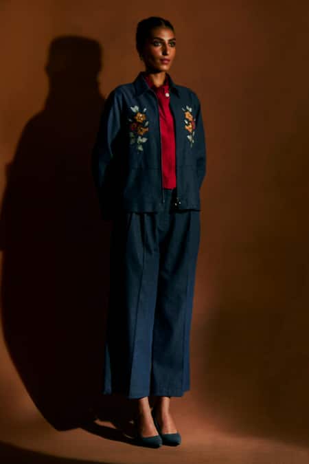 Sue Mue_Blue Denim Embroidery, Beads Collared Ori Floral Shirt And Pant Set _at_Aza_Fashions