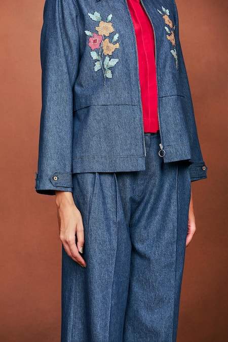 Buy_Sue Mue_Blue Denim Embroidery, Beads Collared Ori Floral Shirt And Pant Set 