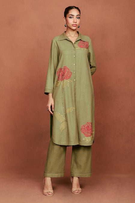 Sue Mue Bhu Rose Embroidered Tunic & Pant Set 
