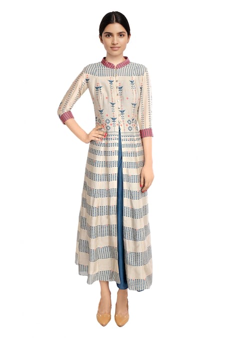 Soup By Sougat Paul Blue printed layered chanderi dress 