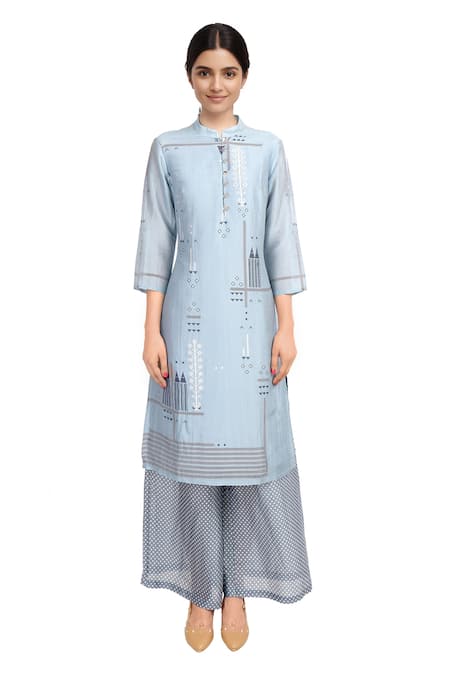 Soup By Sougat Paul Blue printed layered chanderi kurta with palazzos 