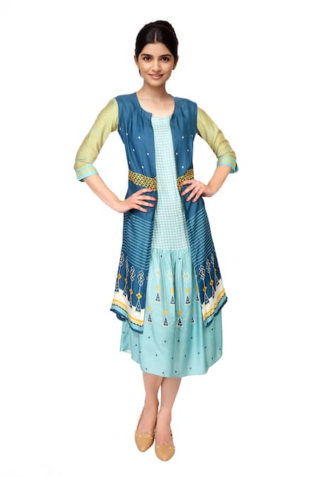 Soup By Sougat Paul Blue tussar front open jacket with dress 