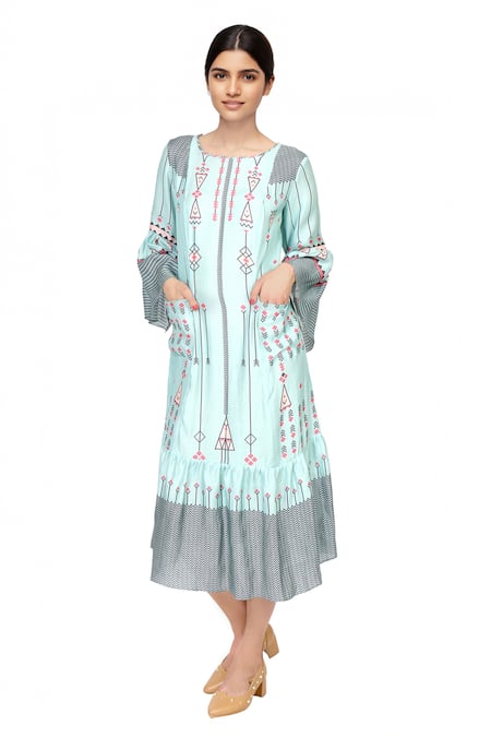 Soup By Sougat Paul Blue cotton printed midi dress with bell sleeves 