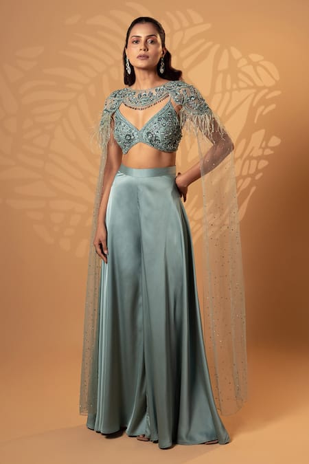 Jiya by Veer Design Studio Dusty Mint Dream Cape Lehenga Set 