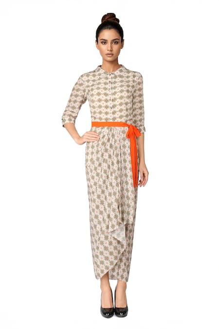 Soup By Sougat Paul Off white coral & beige printed dhoti dress 