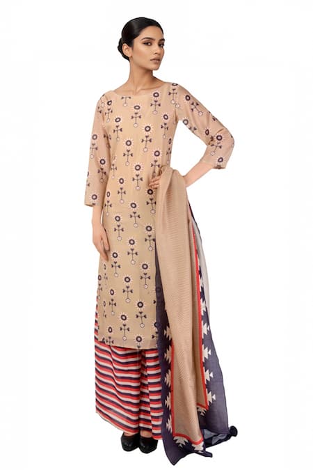 Buy Soup By Sougat Paul Beige Chanderi Round Kurta And Pant Set at Aza Fashions Buy_Soup By Sougat Paul_Beige Chanderi Round Kurta And Pant Set _at_Aza_Fashions