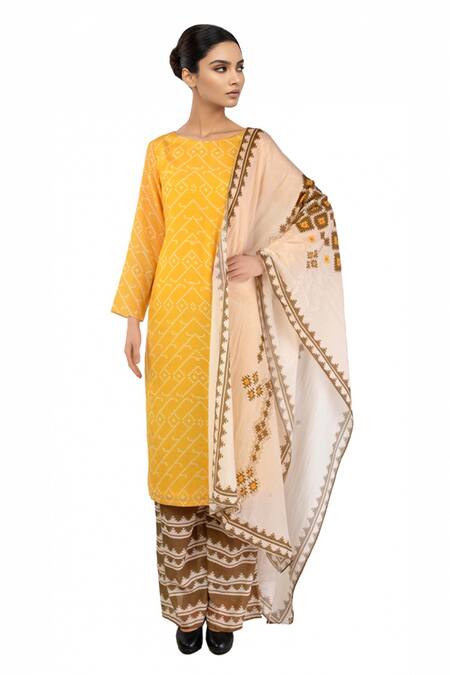 Soup By Sougat Paul Yellow Brown And Off White Aztec Printed Kurta Set