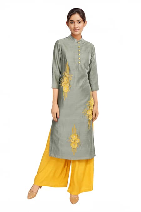 Soup By Sougat Paul Grey embroidered chanderi kurta with yellow palazzos 