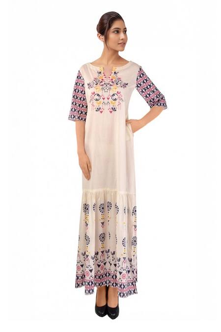 Buy Soup By Sougat Paul Off White Chanderi Bird, Geometric Motifs Notched Printed Maxi Dress at Aza Fashions Buy_Soup By Sougat Paul_Off White Chanderi Bird, Geometric Motifs Notched Printed Maxi Dress _at_Aza_Fashions