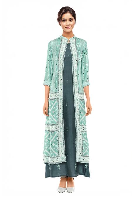 Soup By Sougat Paul Green Silk Cutdana, Beads Mandarin Printed Jacket With Inner Tunic