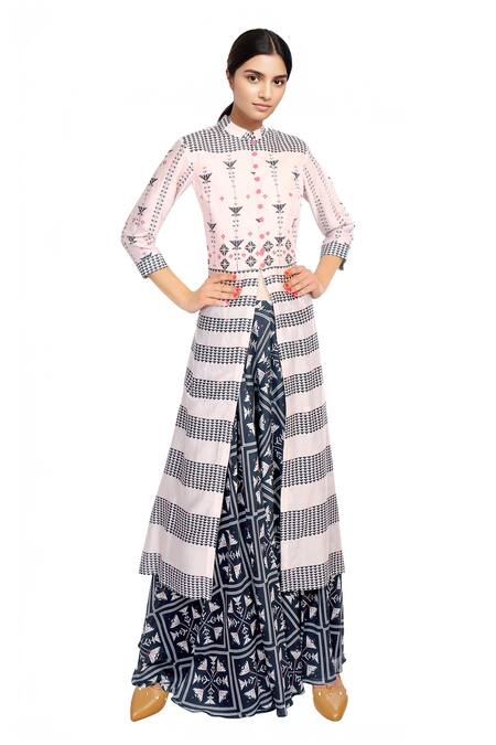 Soup By Sougat Paul Blue Chanderi Pink Front Open Kurta With Lehenga