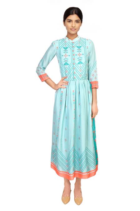 Buy Soup By Sougat Paul Blue Mandarin Collar Tussar Silk Flared Pleated Dress at Aza Fashions Buy_Soup By Sougat Paul_Blue Mandarin Collar Tussar Silk Flared Pleated Dress _at_Aza_Fashions