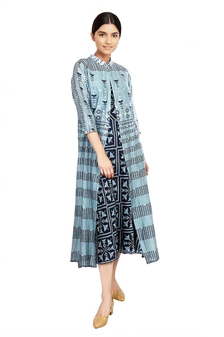 Soup By Sougat Paul Blue chanderi jacket dress 