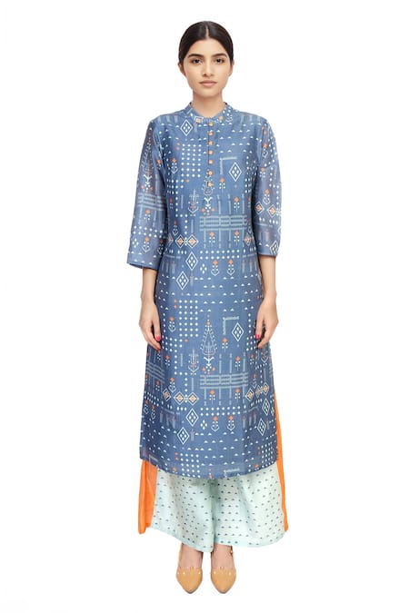 Soup By Sougat Paul Blue chanderi printed kurta with palazzos 