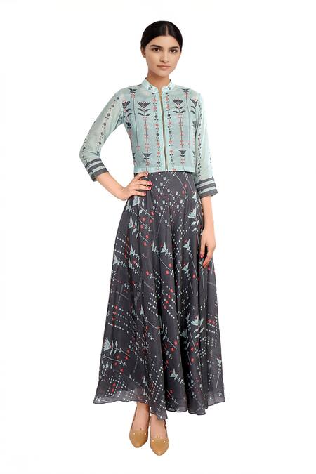 Soup By Sougat Paul Blue Asymmetric And Grey All Over Printed Cotton Silk Jacket Dress