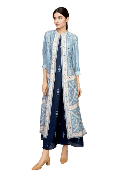 Soup By Sougat Paul Blue tussar printed cape dress 
