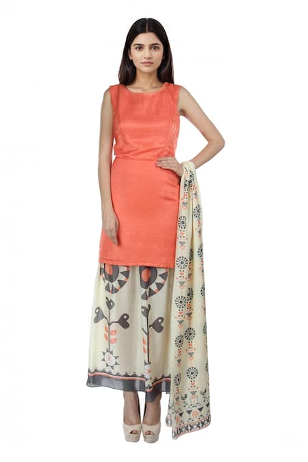 Soup By Sougat Paul Peach & white motif printed dress with dupatta 