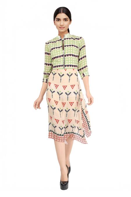 Soup By Sougat Paul Multi Color Crepe V Neck Printed Tunic With Jacket