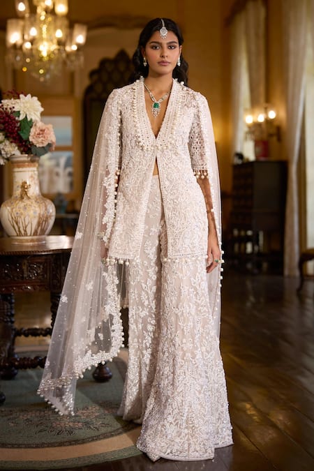 Seema Gujral White Sequin Embroidered Jacket Sharara Set 