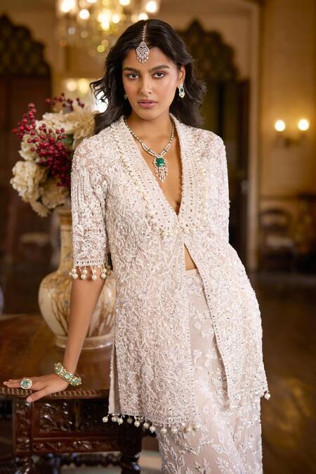 Buy_Seema Gujral_White Net Sequins, Stones, Tassels, Beads Open Embroidered Jacket Sharara Set _Online_at_Aza_Fashions