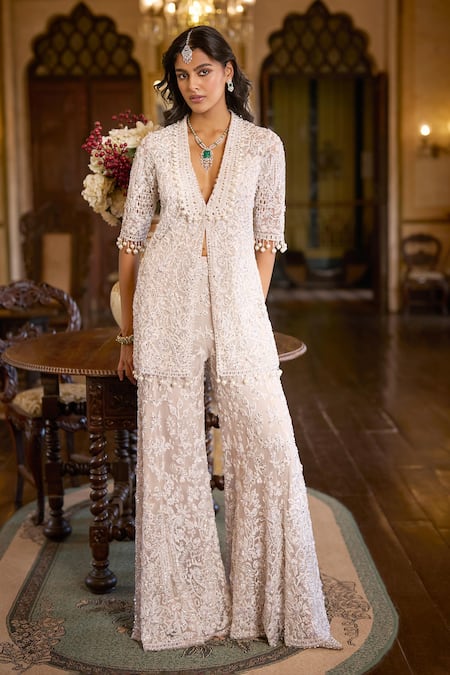 Buy_Seema Gujral_White Net Sequins, Stones, Tassels, Beads Open Embroidered Jacket Sharara Set 