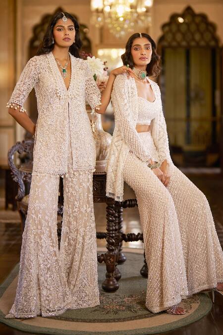 Shop_Seema Gujral_White Net Sequins, Stones, Tassels, Beads Open Embroidered Jacket Sharara Set 