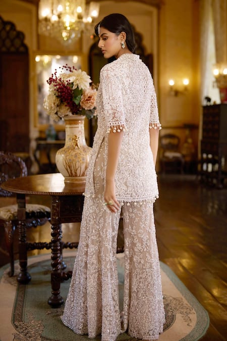 Seema Gujral White Sequin Embroidered Jacket Sharara Set 