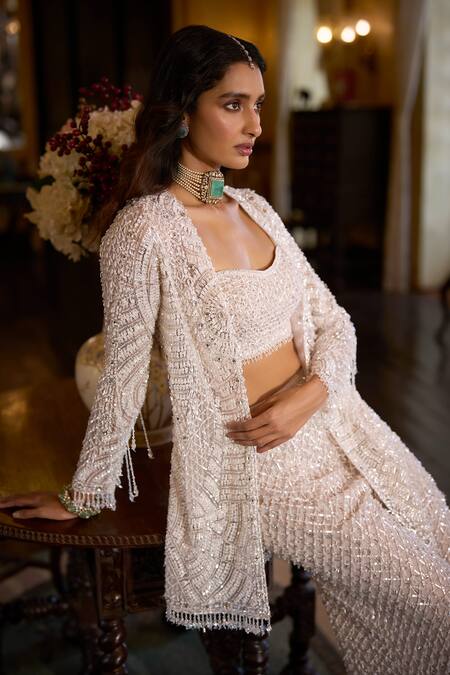 Shop_Seema Gujral_White Net Sequins, Beads, Stones, Embroidery Open Neck, Jacket Sharara Set _Online_at_Aza_Fashions