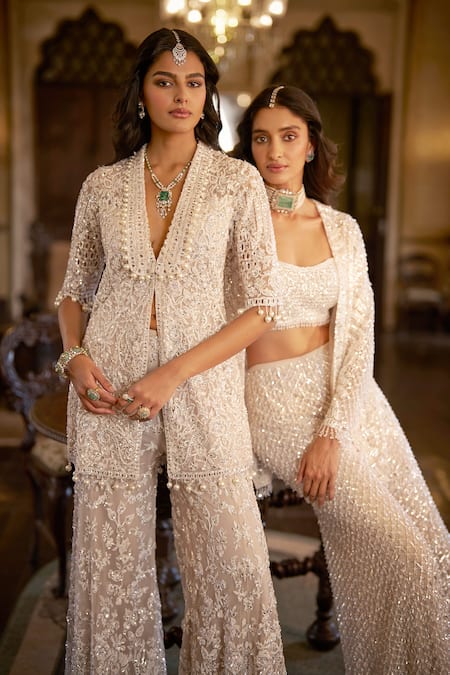 Seema Gujral_White Net Sequins, Beads, Stones, Embroidery Open Neck, Jacket Sharara Set _at_Aza_Fashions