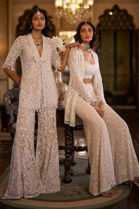 Buy_Seema Gujral_White Net Sequins, Beads, Stones, Embroidery Open Neck, Jacket Sharara Set 