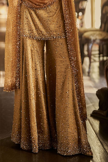 Buy_Seema Gujral_Gold Tissue, Silk Embroidery, Crystals, Stones Halter Neck Jewelled Sharara Set _Online_at_Aza_Fashions