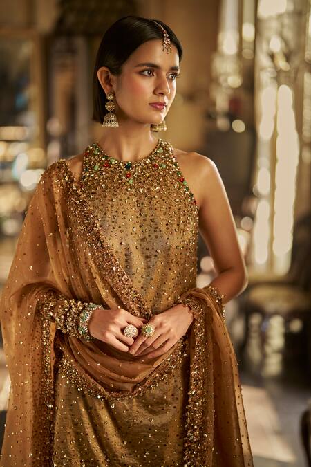 Shop_Seema Gujral_Gold Tissue, Silk Embroidery, Crystals, Stones Halter Neck Jewelled Sharara Set _Online_at_Aza_Fashions