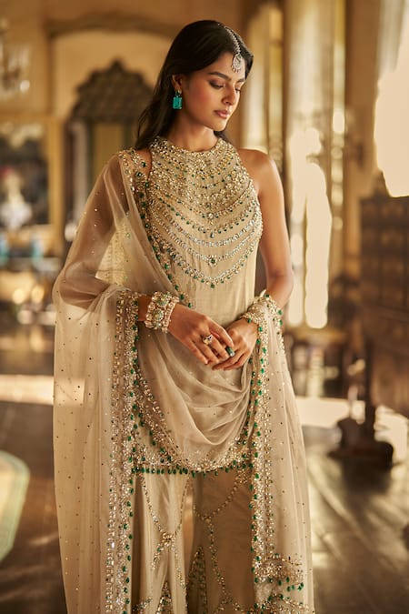 Buy_Seema Gujral_Gold Tissue, Silk Embroidery, Stones, Crystals, Champagne Emerald Sharara Set _Online_at_Aza_Fashions