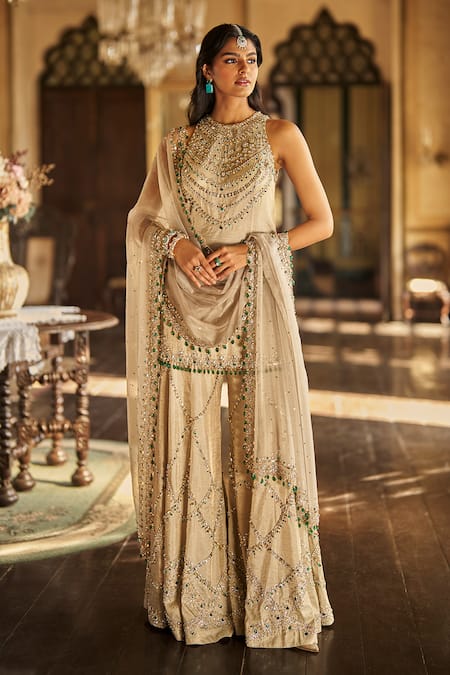 Shop_Seema Gujral_Gold Tissue, Silk Embroidery, Stones, Crystals, Champagne Emerald Sharara Set _Online_at_Aza_Fashions