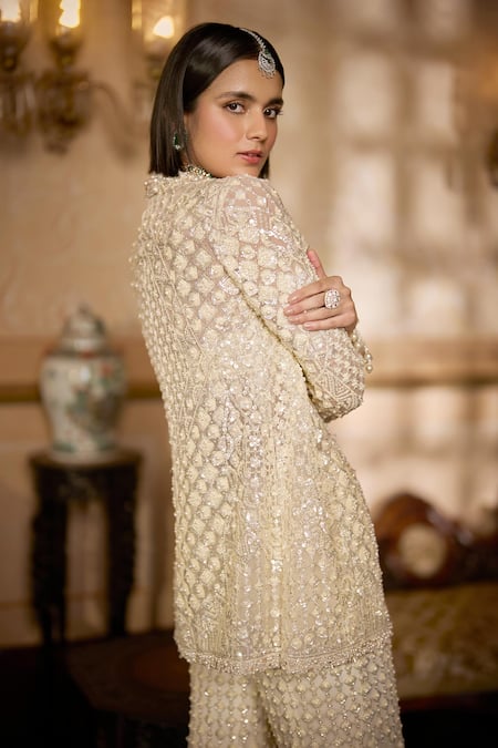 Buy_Seema Gujral_Cream Net Sequins, Pearls, Embroidery, Tassels Open Neck, Jacket Sharara Set _Online_at_Aza_Fashions